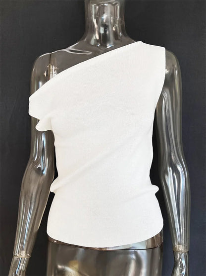 Off-Shoulder Solid T-shirt Women Casual Summer 2025 Ribbed Sleeveless Fashion Elegant Clothes Female High Waist Tee Top