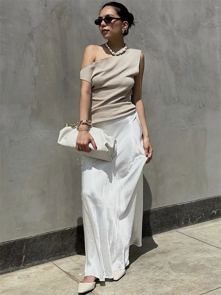 Off-Shoulder Solid T-shirt Women Casual Summer 2025 Ribbed Sleeveless Fashion Elegant Clothes Female High Waist Tee Top