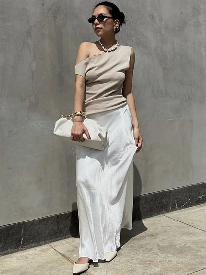 Off-Shoulder Solid T-shirt Women Casual Summer 2025 Ribbed Sleeveless Fashion Elegant Clothes Female High Waist Tee Top