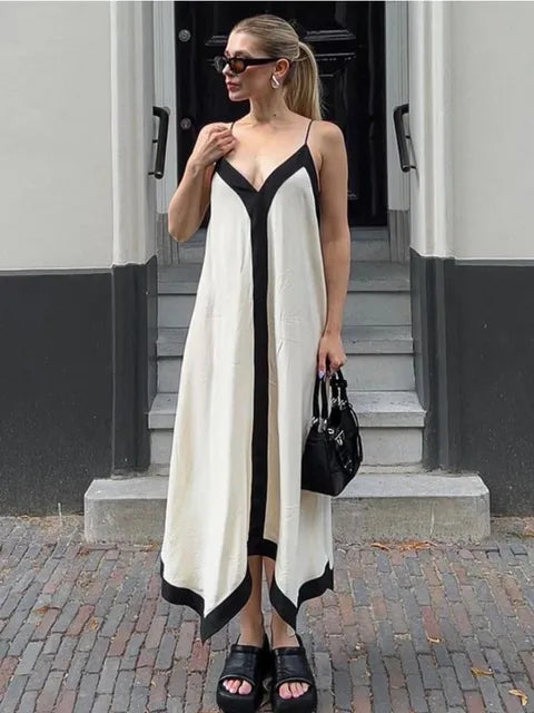 Patchwork Backless Halter Dress – Women’s Sexy V-Neck Summer Party Maxi Gown
