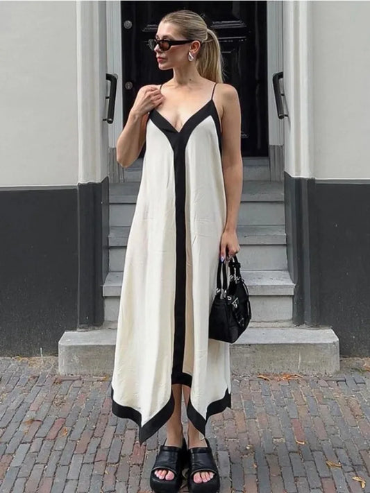 Patchwork Backless Halter Dress – Women’s Sexy V-Neck Summer Party Maxi Gown