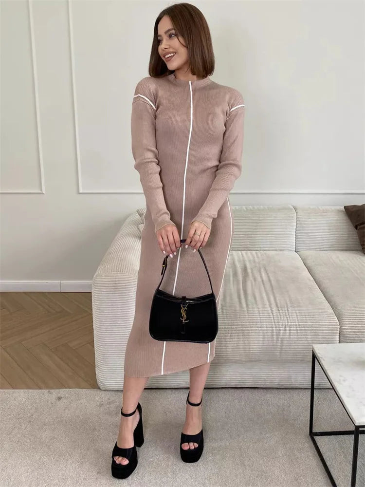 Patchwork Casual Knit Maxi Dress For Women Contrast Ribbed High Waist Slim Elegant Party Dress Female Knitwear Long Dress