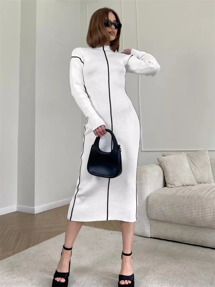 Patchwork Casual Knit Maxi Dress For Women Contrast Ribbed High Waist Slim Elegant Party Dress Female Knitwear Long Dress