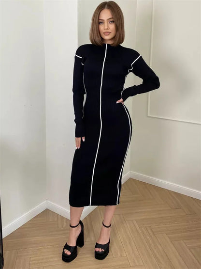 Patchwork Casual Knit Maxi Dress For Women Contrast Ribbed High Waist Slim Elegant Party Dress Female Knitwear Long Dress
