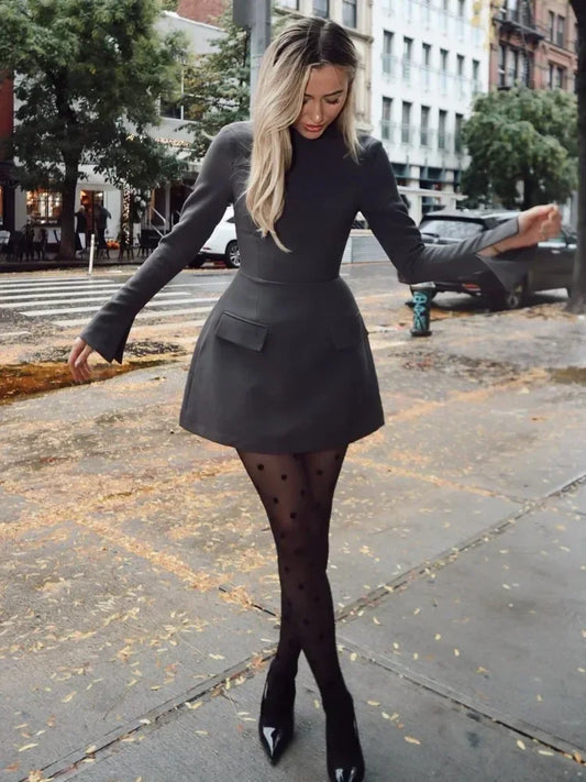 Vestido mini de moda de manga larga con patchwork para mujer, cintura alta, estilo urbano con patchwork, elegante y ajustado, 2025