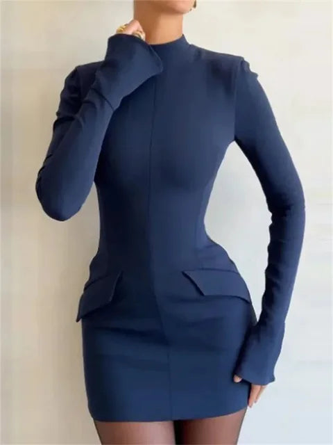 Patchwork Solid High Waist Mini Dress Female Fashion Long Sleeve Autumn 2025 Pocket Slim Dress Casual Women’s Dress New