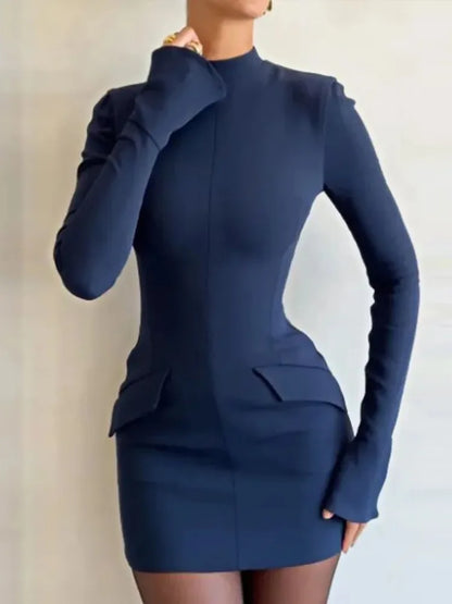 Patchwork Solid High Waist Mini Dress Female Fashion Long Sleeve Autumn 2025 Pocket Slim Dress Casual Women’s Dress New