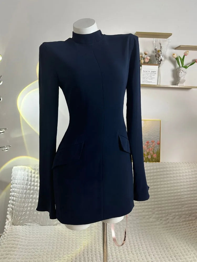 Patchwork Solid High Waist Mini Dress Female Fashion Long Sleeve Autumn 2025 Pocket Slim Dress Casual Women’s Dress New