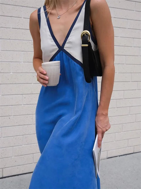 Vestido largo sin tirantes con cuello en V y patchwork: vestido de fiesta de primavera sin mangas