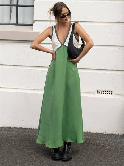 Vestido largo sin tirantes con cuello en V y patchwork: vestido de fiesta de primavera sin mangas