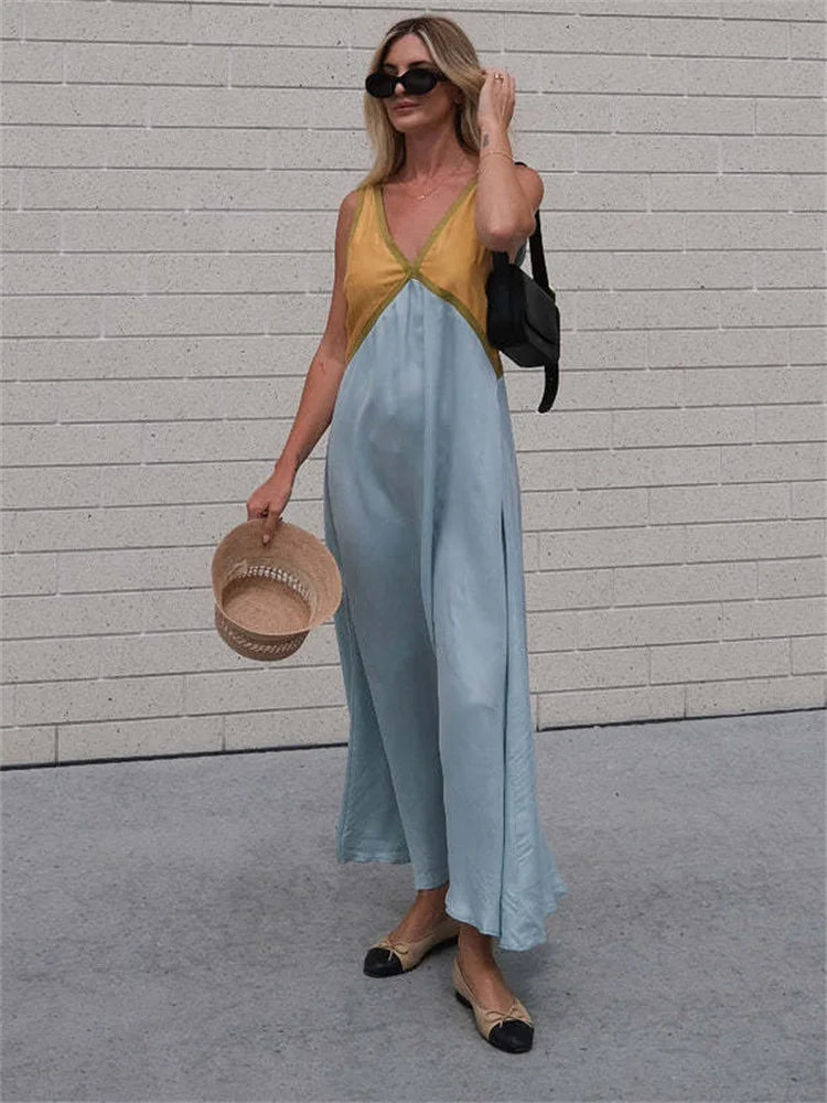 Vestido largo sin tirantes con cuello en V y patchwork: vestido de fiesta de primavera sin mangas
