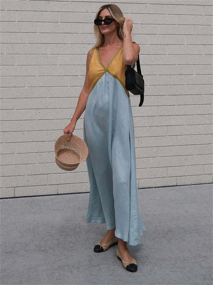 Vestido largo sin tirantes con cuello en V y patchwork: vestido de fiesta de primavera sin mangas
