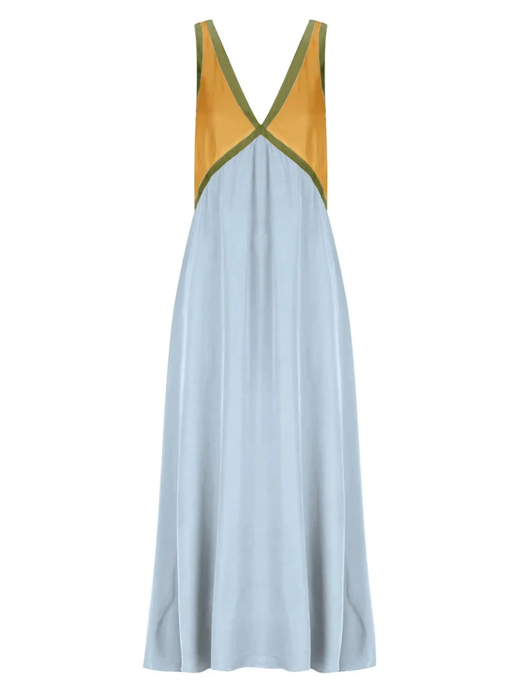Vestido largo sin tirantes con cuello en V y patchwork: vestido de fiesta de primavera sin mangas