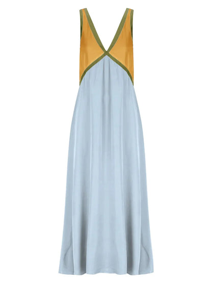Vestido largo sin tirantes con cuello en V y patchwork: vestido de fiesta de primavera sin mangas