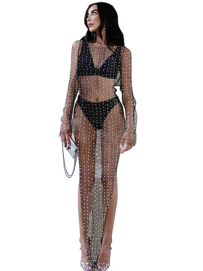 Vestido playero elegante de manga larga con perlas transparentes y decoración de diamantes para mujer, vestido playero liso dividido