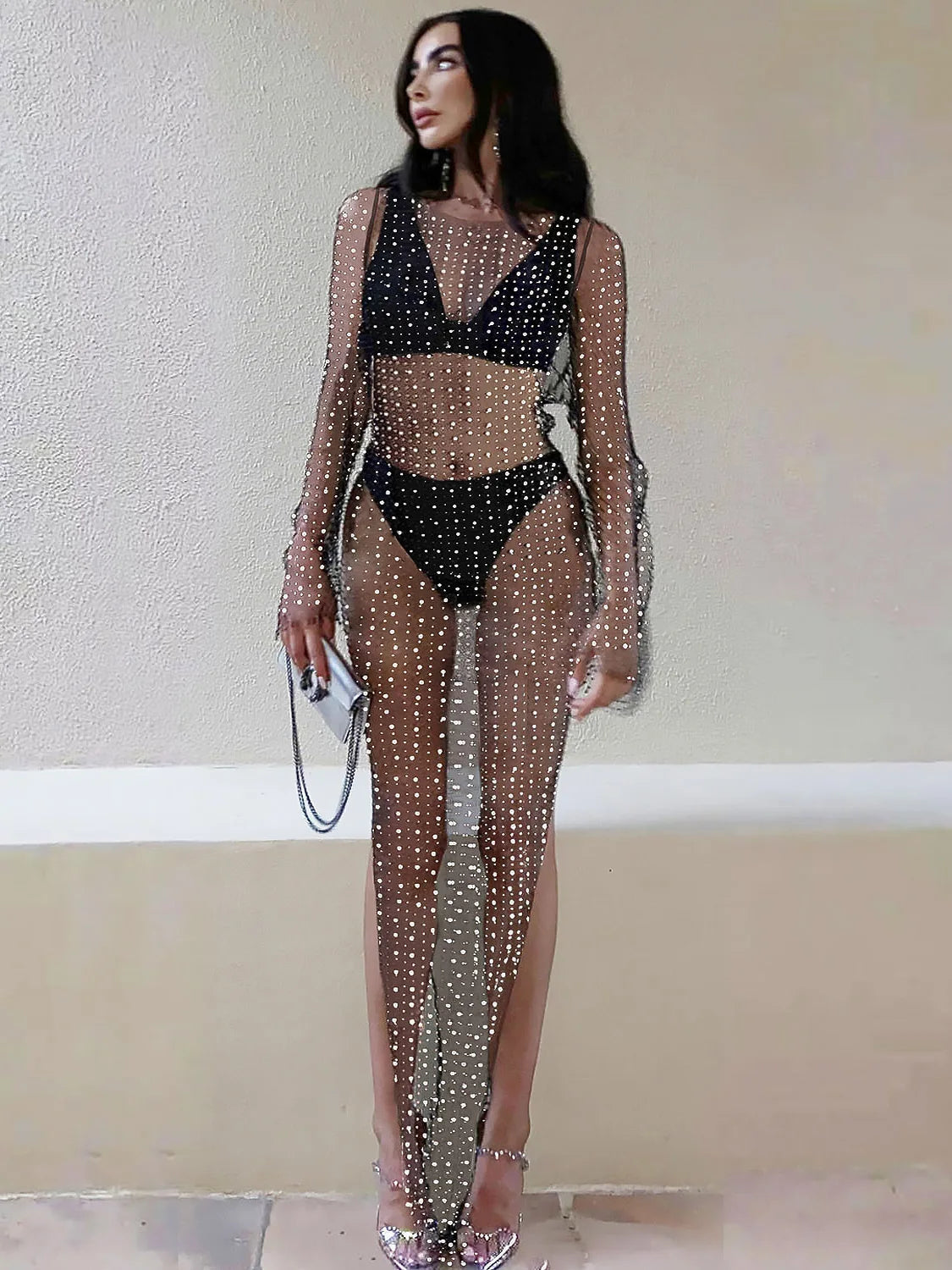 Vestido playero elegante de manga larga con perlas transparentes y decoración de diamantes para mujer, vestido playero liso dividido