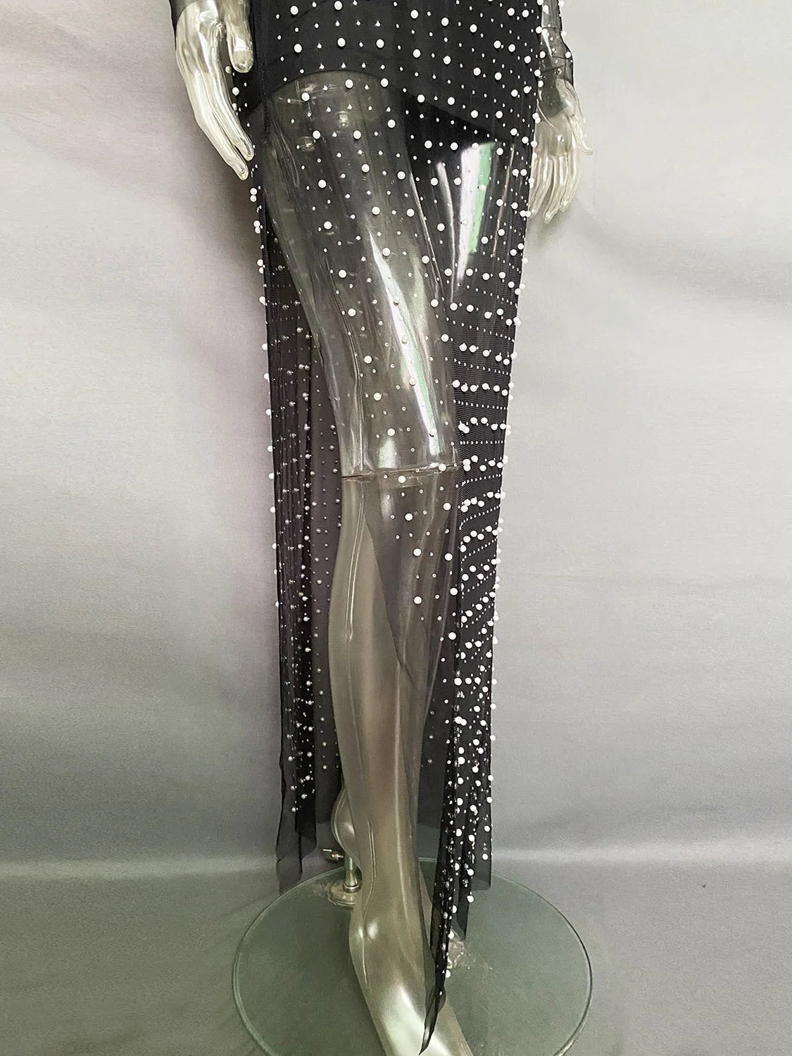Vestido playero elegante de manga larga con perlas transparentes y decoración de diamantes para mujer, vestido playero liso dividido