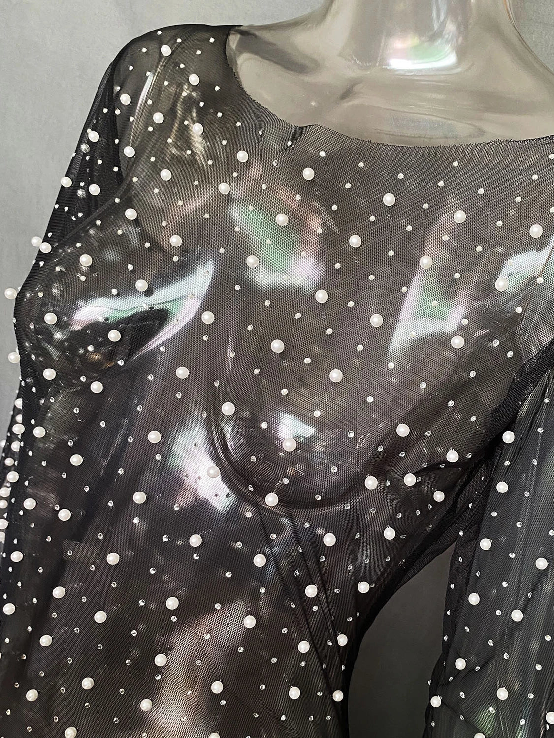 Vestido playero elegante de manga larga con perlas transparentes y decoración de diamantes para mujer, vestido playero liso dividido