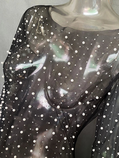 Vestido playero elegante de manga larga con perlas transparentes y decoración de diamantes para mujer, vestido playero liso dividido