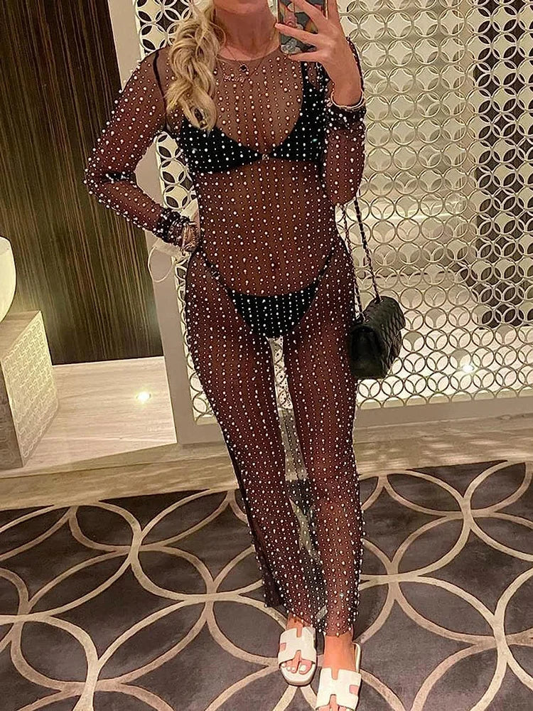 Vestido playero elegante de manga larga con perlas transparentes y decoración de diamantes para mujer, vestido playero liso dividido