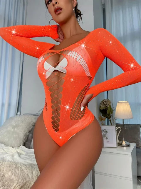 Body de encaje rosa con hombros descubiertos: lencería sexy de malla transparente y calada para discoteca
