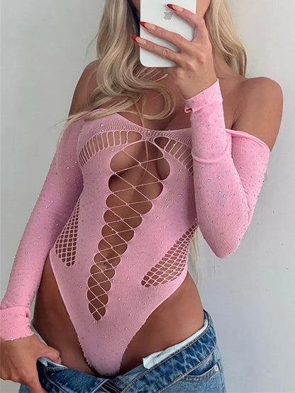 Body de encaje rosa con hombros descubiertos: lencería sexy de malla transparente y calada para discoteca