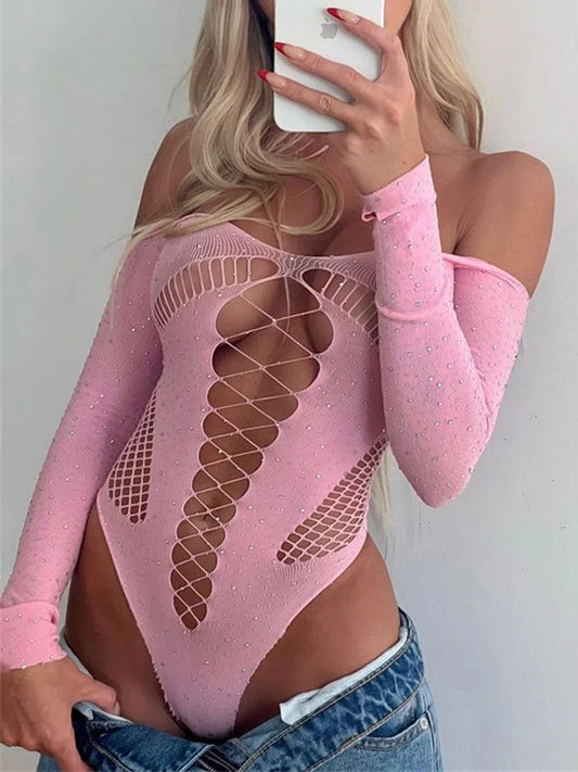 Pink Lace Off-Shoulder Bodysuit Top – Sexy Hollow Out Mesh Sheer Nightclub Lingerie