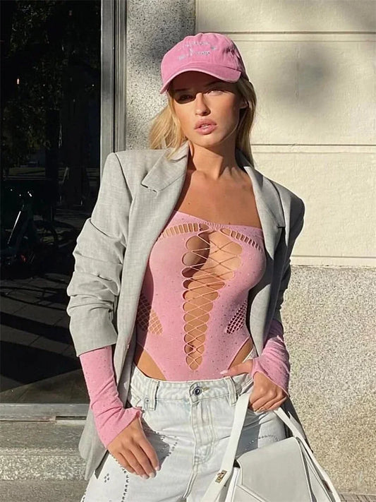 Pink Lace Off-Shoulder Bodysuit Top – Sexy Hollow Out Mesh Sheer Nightclub Lingerie