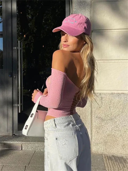 Body de encaje rosa con hombros descubiertos: lencería sexy de malla transparente y calada para discoteca