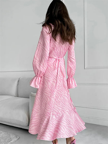 Vestido largo con volantes y estampado rosa para mujer, elegante vestido de fiesta con cordones, manga larga y parches en contraste, estilo vendaje.