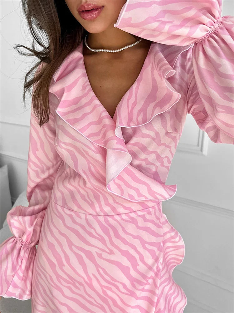 Vestido largo con volantes y estampado rosa para mujer, elegante vestido de fiesta con cordones, manga larga y parches en contraste, estilo vendaje.