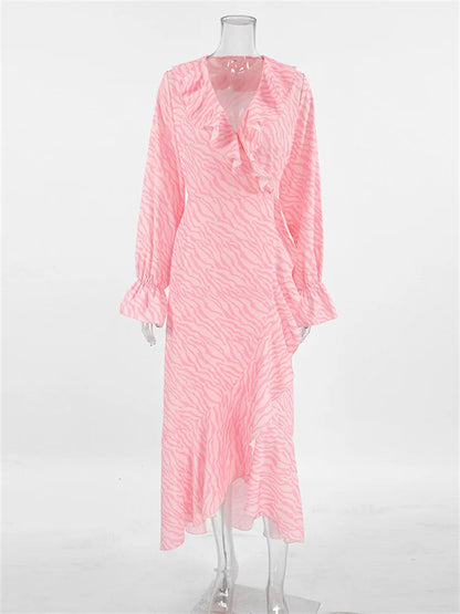 Vestido largo con volantes y estampado rosa para mujer, elegante vestido de fiesta con cordones, manga larga y parches en contraste, estilo vendaje.
