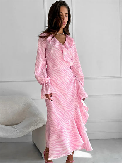Vestido largo con volantes y estampado rosa para mujer, elegante vestido de fiesta con cordones, manga larga y parches en contraste, estilo vendaje.