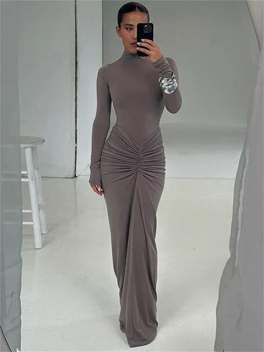 Pleated Fashion Patchwork Long Dress Women’s High Waist Long Sleeve Solid Slim Party Dress Summer  Female Maxi Dress