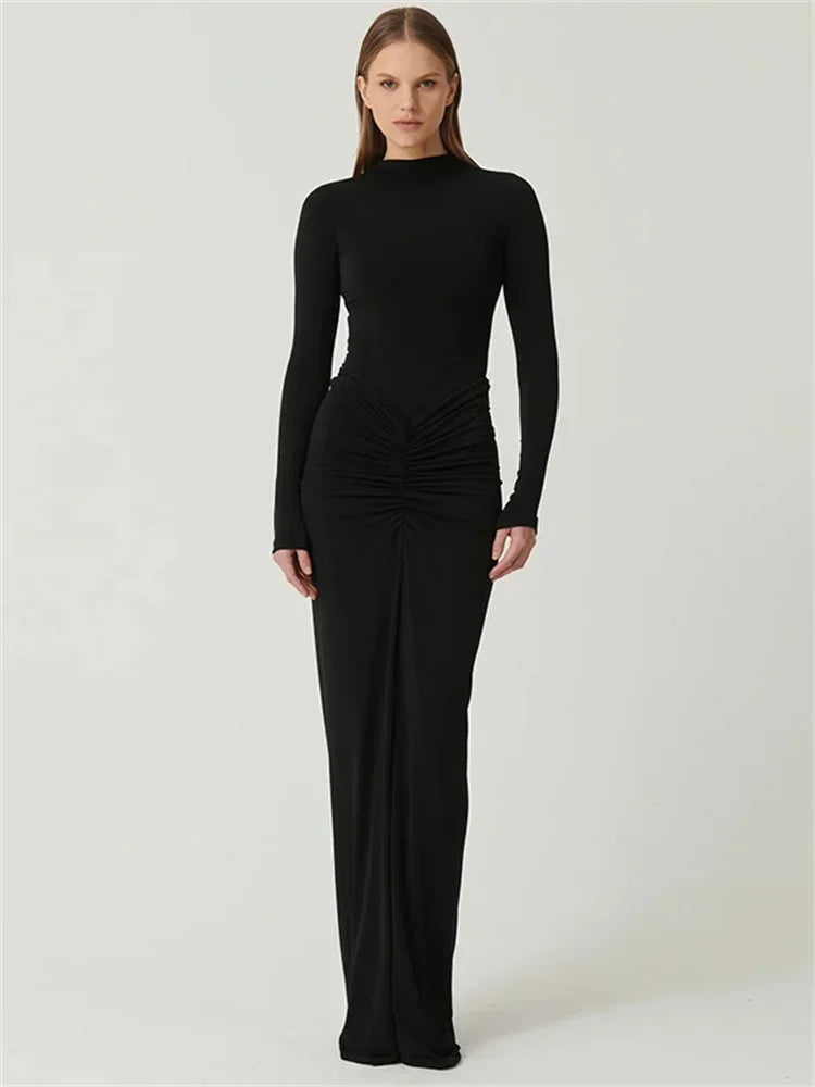 Pleated Fashion Patchwork Long Dress Women’s High Waist Long Sleeve Solid Slim Party Dress Summer  Female Maxi Dress