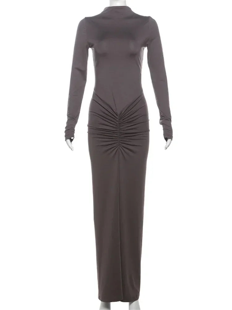 Pleated Fashion Patchwork Long Dress Women’s High Waist Long Sleeve Solid Slim Party Dress Summer  Female Maxi Dress