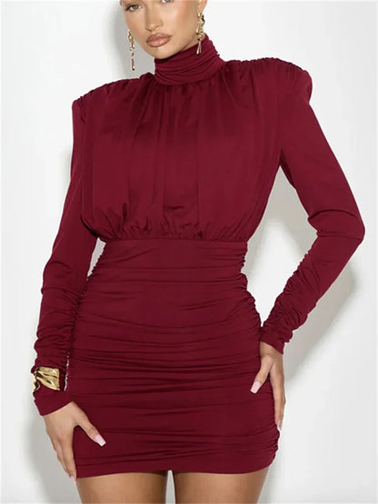 Pleated High Waist Slim Mini Dress Female Fashion Long Sleeve Patchwork Elegant Commute Dress Ladies Solid Autumn Dress