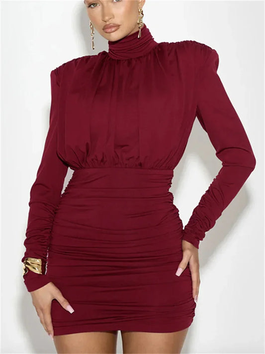 Vestido mini plisado de cintura alta ajustado para mujer, moda femenina, manga larga, patchwork, elegante, vestido de viaje para mujer, vestido liso de otoño