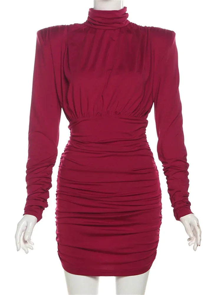 Pleated High Waist Slim Mini Dress Female Fashion Long Sleeve Patchwork Elegant Commute Dress Ladies Solid Autumn Dress