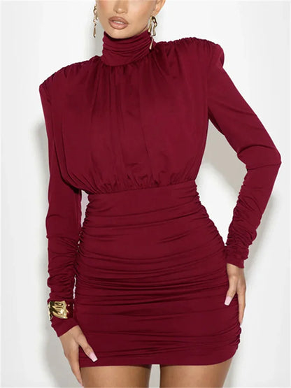 Pleated High Waist Slim Mini Dress Female Fashion Long Sleeve Patchwork Elegant Commute Dress Ladies Solid Autumn Dress