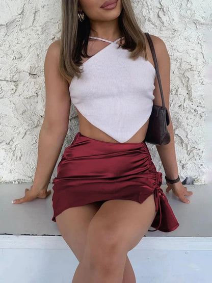 Minifalda plisada de satén con cordones y abertura lateral para mujer, falda de moda, cintura alta lisa, cremallera, atuendo informal, falda para mujer