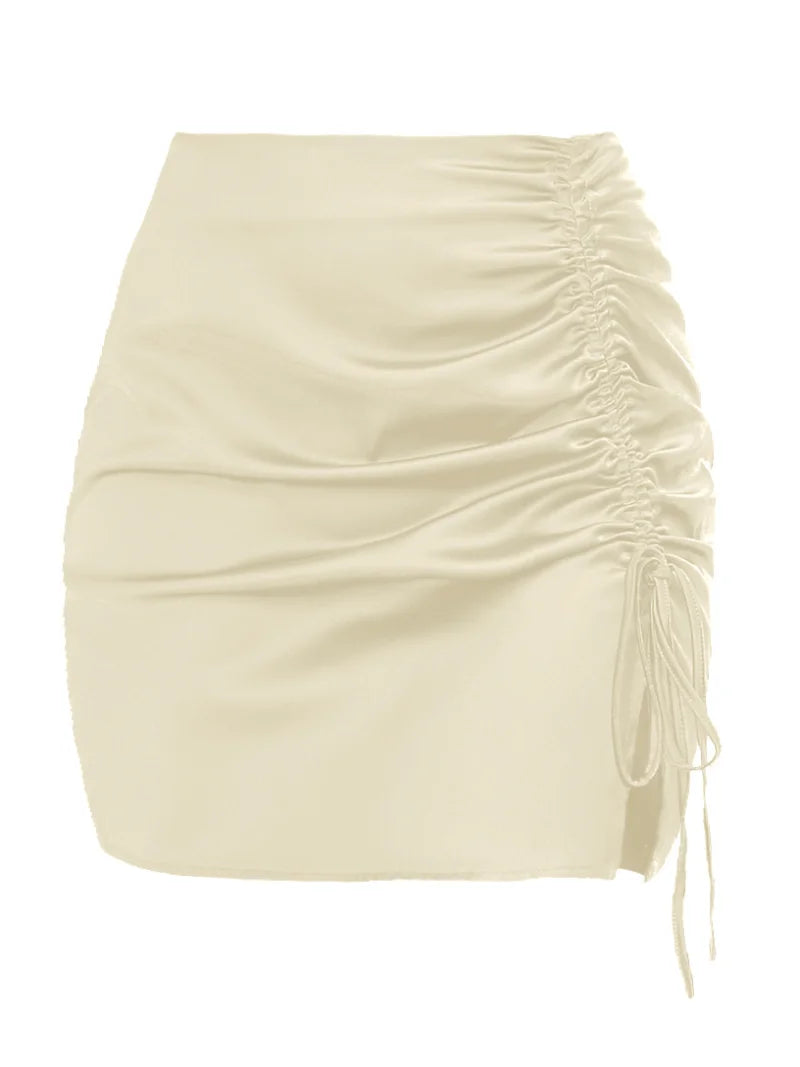 Minifalda plisada de satén con cordones y abertura lateral para mujer, falda de moda, cintura alta lisa, cremallera, atuendo informal, falda para mujer