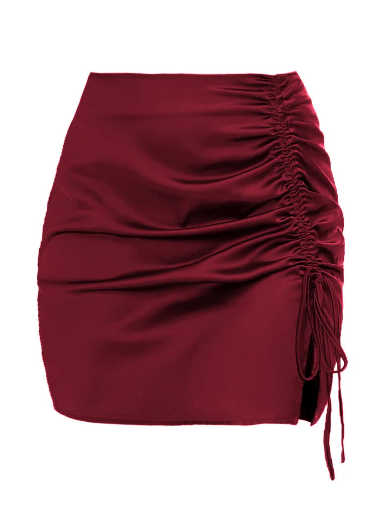 Minifalda plisada de satén con cordones y abertura lateral para mujer, falda de moda, cintura alta lisa, cremallera, atuendo informal, falda para mujer