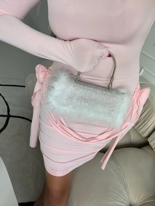 Vestido mini plisado de manga larga con diseño floral para vacaciones, ajustado, con parches, elegante, liso, para mujer, Y2k, 2025