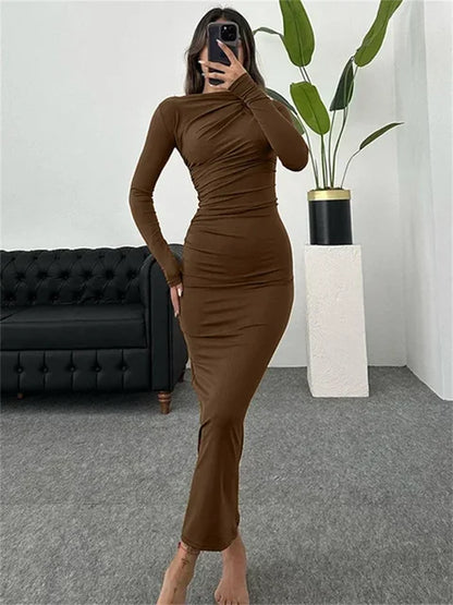 Pleated Long Sleeved Slim Maxi Dress – Elegant Off-Shoulder Bodycon Gown