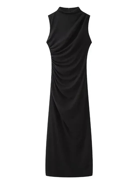 Pleated Long Sleeved Slim Maxi Dress – Elegant Off-Shoulder Bodycon Gown