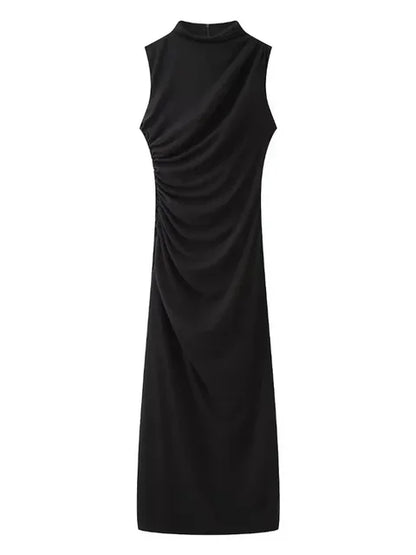 Pleated Long Sleeved Slim Maxi Dress – Elegant Off-Shoulder Bodycon Gown