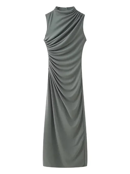 Pleated Long Sleeved Slim Maxi Dress – Elegant Off-Shoulder Bodycon Gown