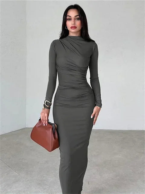 Pleated Long Sleeved Slim Maxi Dress – Elegant Off-Shoulder Bodycon Gown