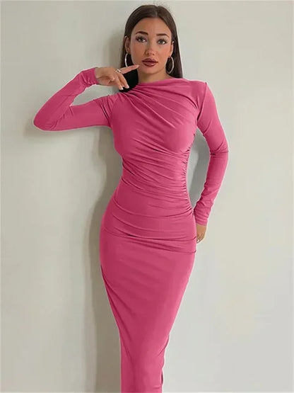 Pleated Long Sleeved Slim Maxi Dress – Elegant Off-Shoulder Bodycon Gown